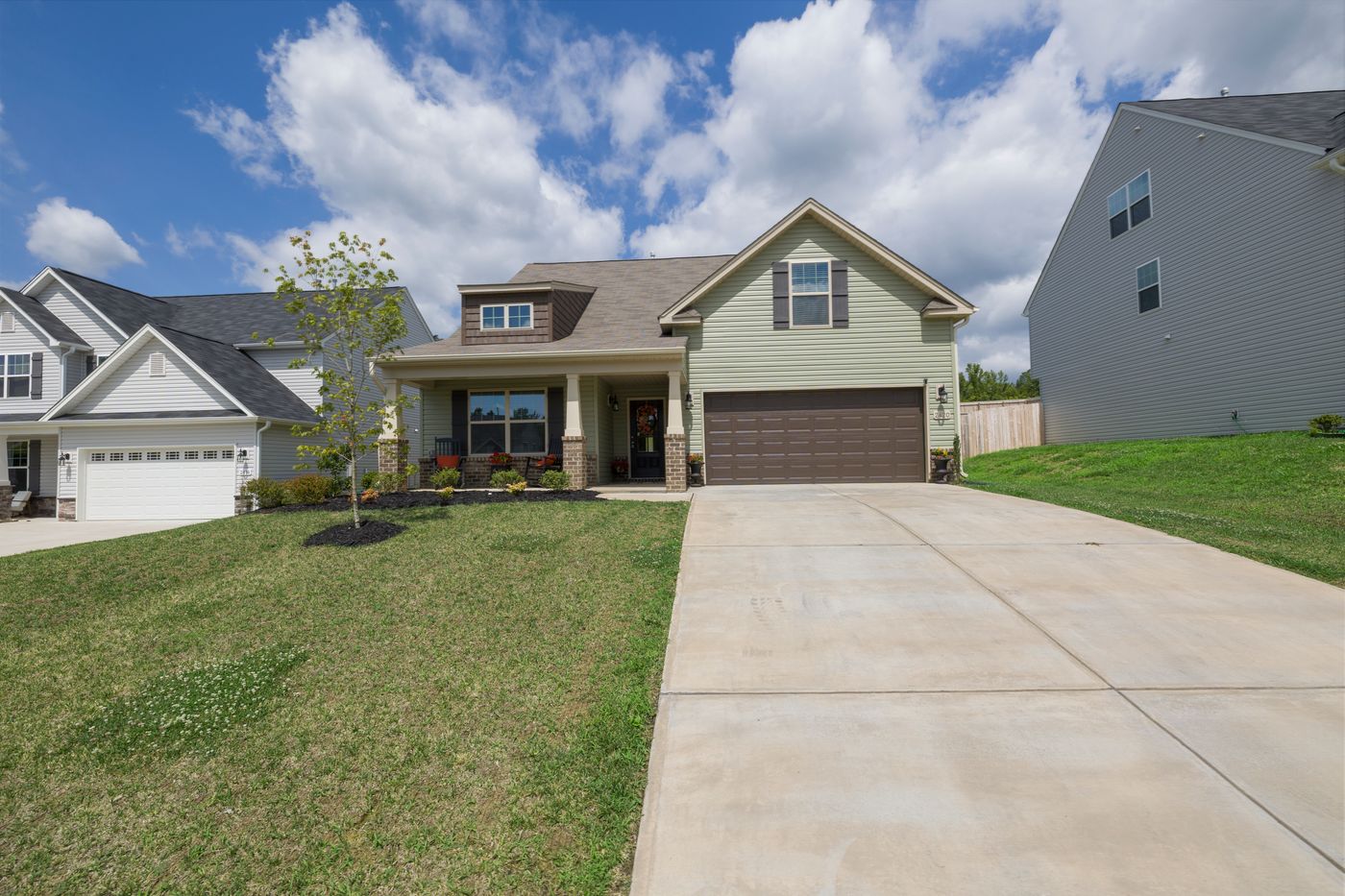 Double garage door on a two-story suburban home